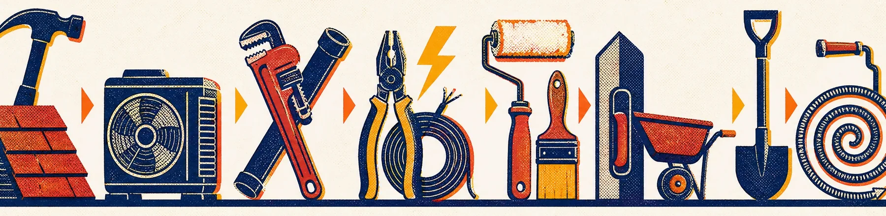 Illustrated lineup of trade tools for roofing, HVAC, plumbing, electrical, painting and concrete work.