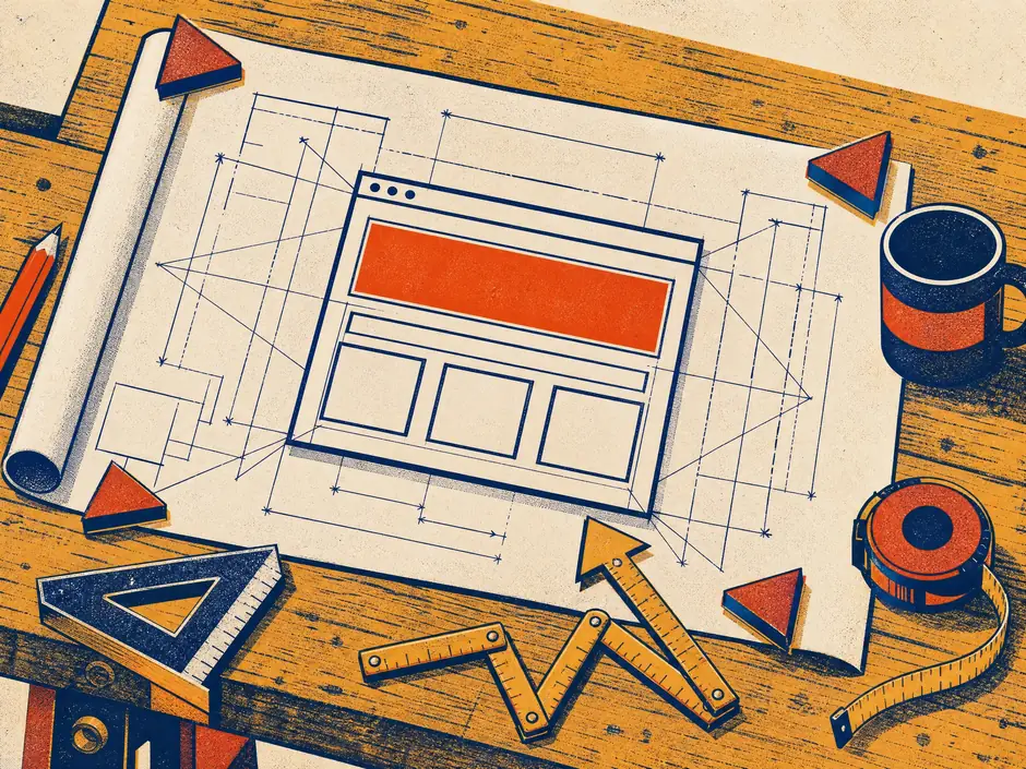 Illustration of a contractor website taking shape on a workbench beside blueprints, a pencil and hand tools.
