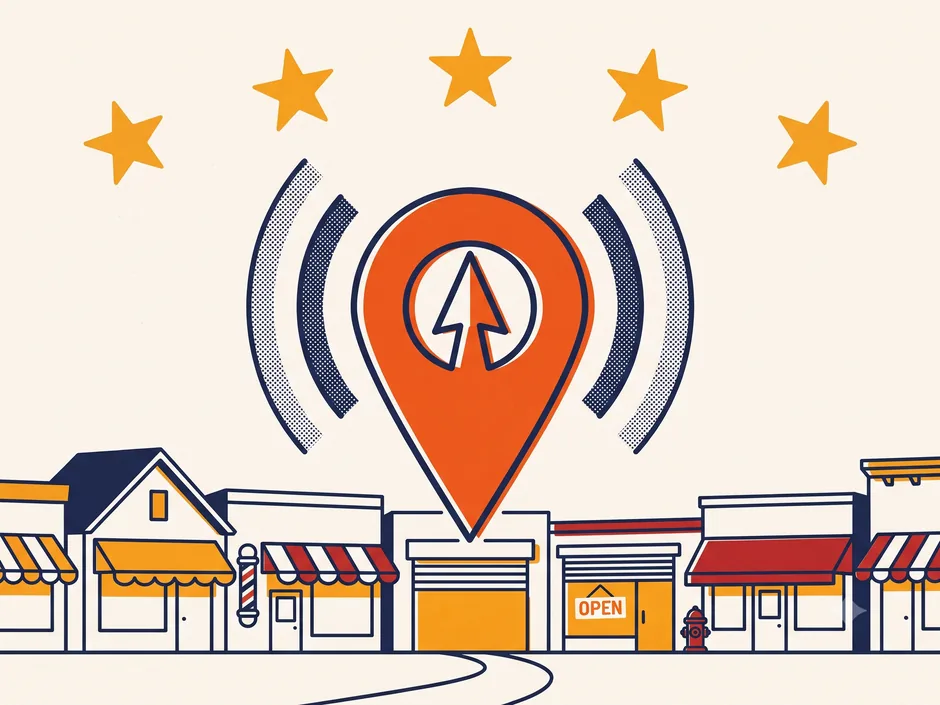 Illustration of a glowing map pin standing over a small-town main street, ringed by review stars.