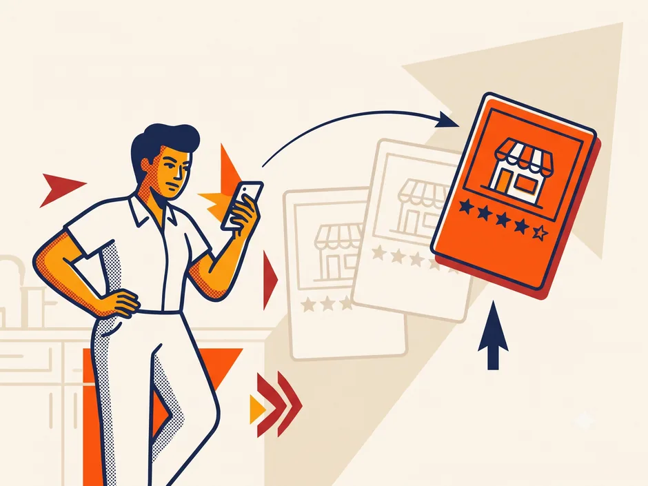 Illustration of a homeowner comparing three local contractors on a phone, with the listings stacked side by side.