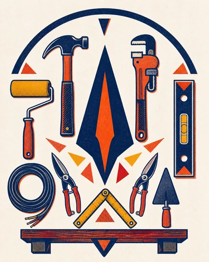 Illustration of trade tools arranged around an arrowhead motif in a workshop still life.